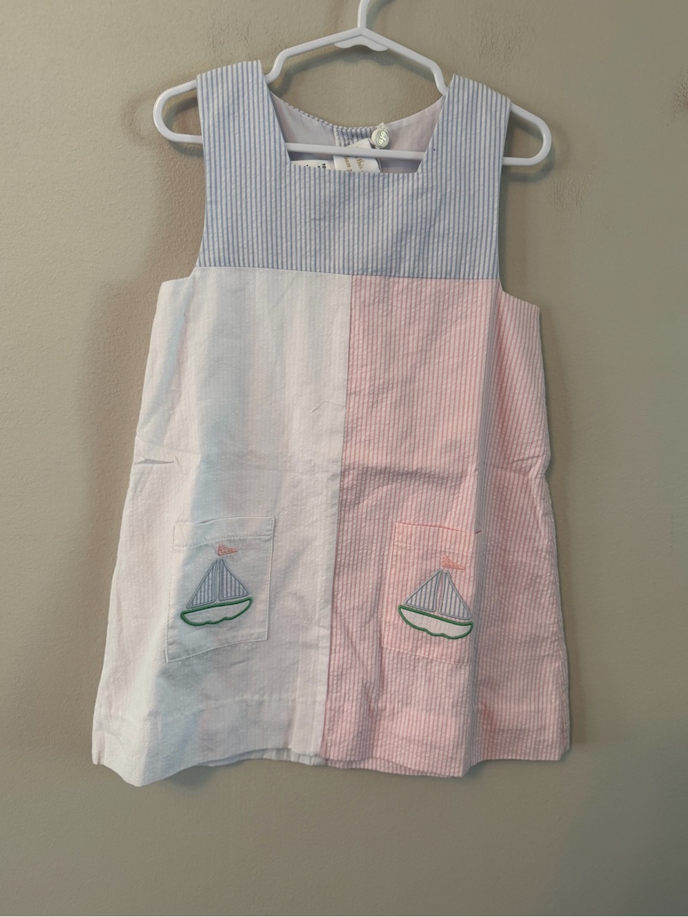 Lullaby Set Girls Seersucker Sailboat Jumper Dress - Blue, White, Pink